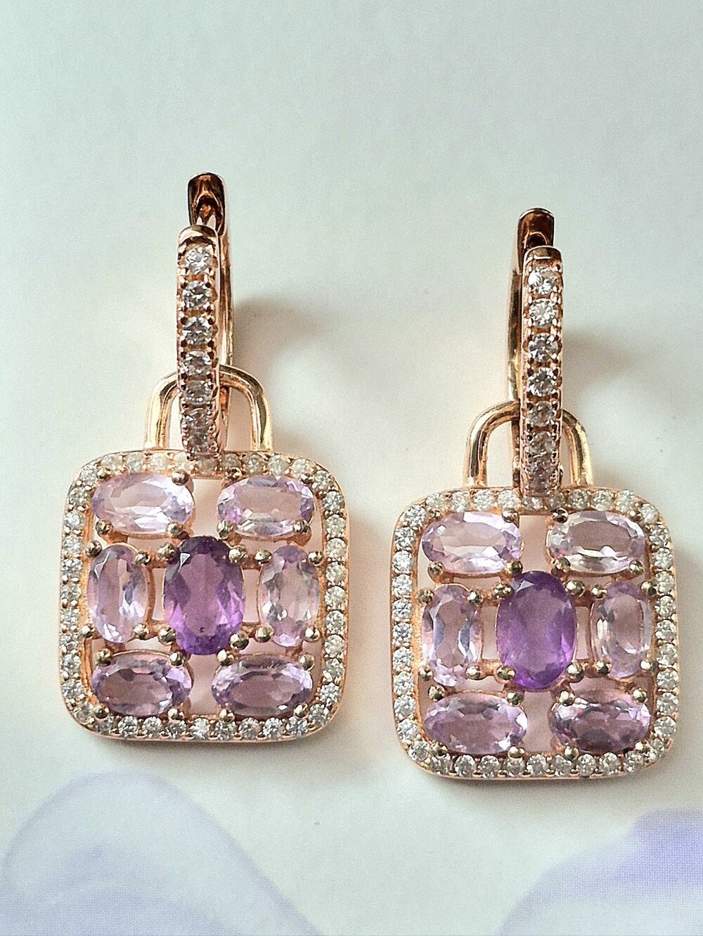 New Rose Gold Coated 925 Sterling Silver Amethyst Huggie Hoop Dangle Earrings